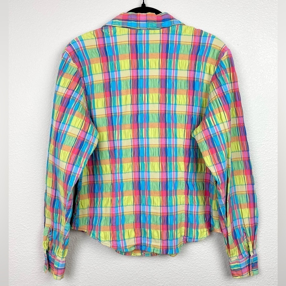 VTG Junior's Medium Roughrider by Circle K Rainbow Plaid Collared Shirt Smocked - Picture 10 of 16